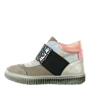 Szamos Kid Girl High-Top Shoes Grey And Pink With Wide Shiny Graphic Strechy Strap And Side Zipper - Made In Europe