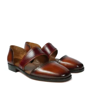 Tan Wine Rounded Toe Peshawari Sandals with Cutout & Brogue Detailing