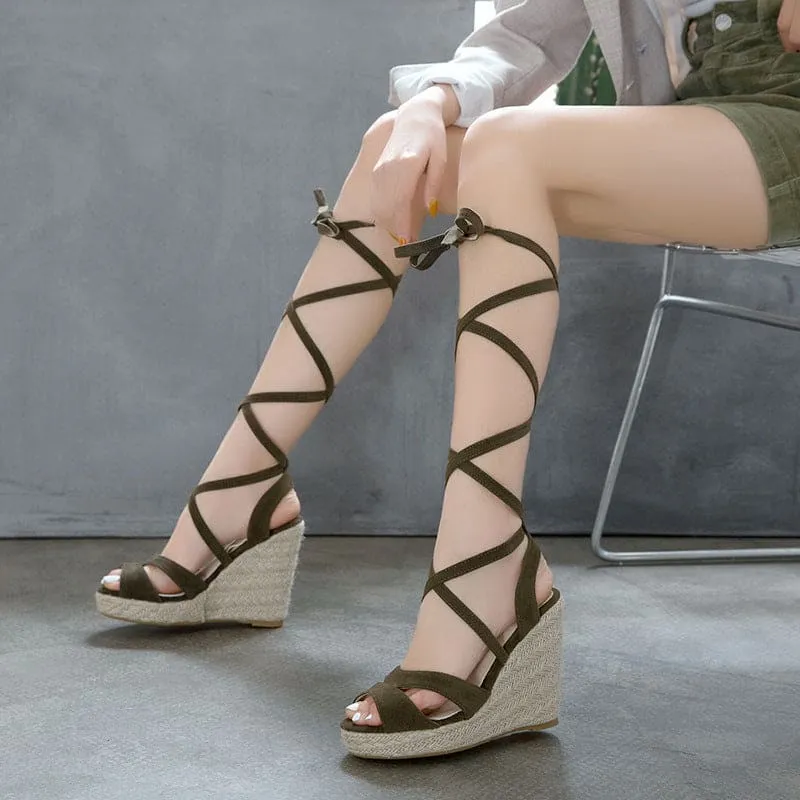 Tie Leg Strappy Platform Wedge Sandals