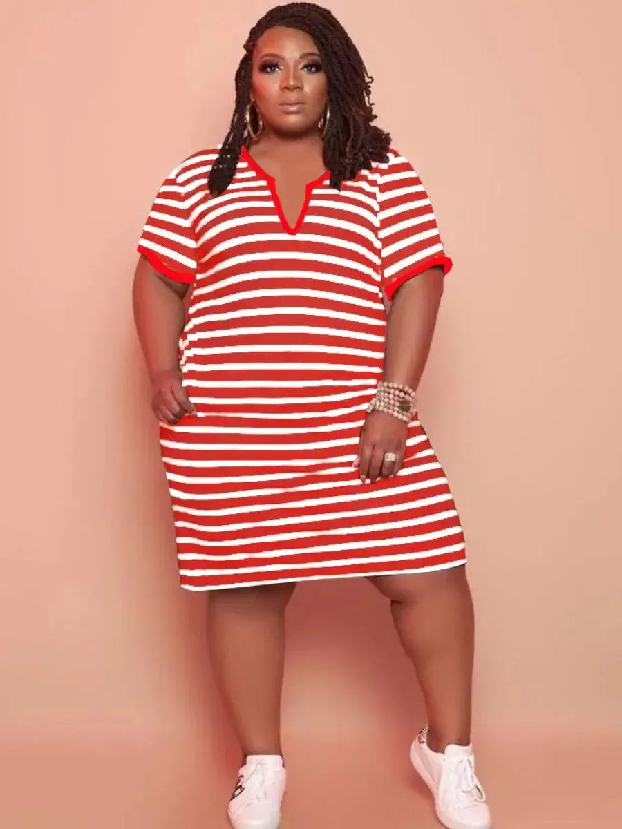 V Neck Striped Pocket Midi Dress