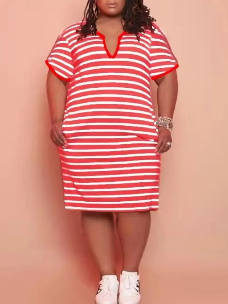 V Neck Striped Pocket Midi Dress