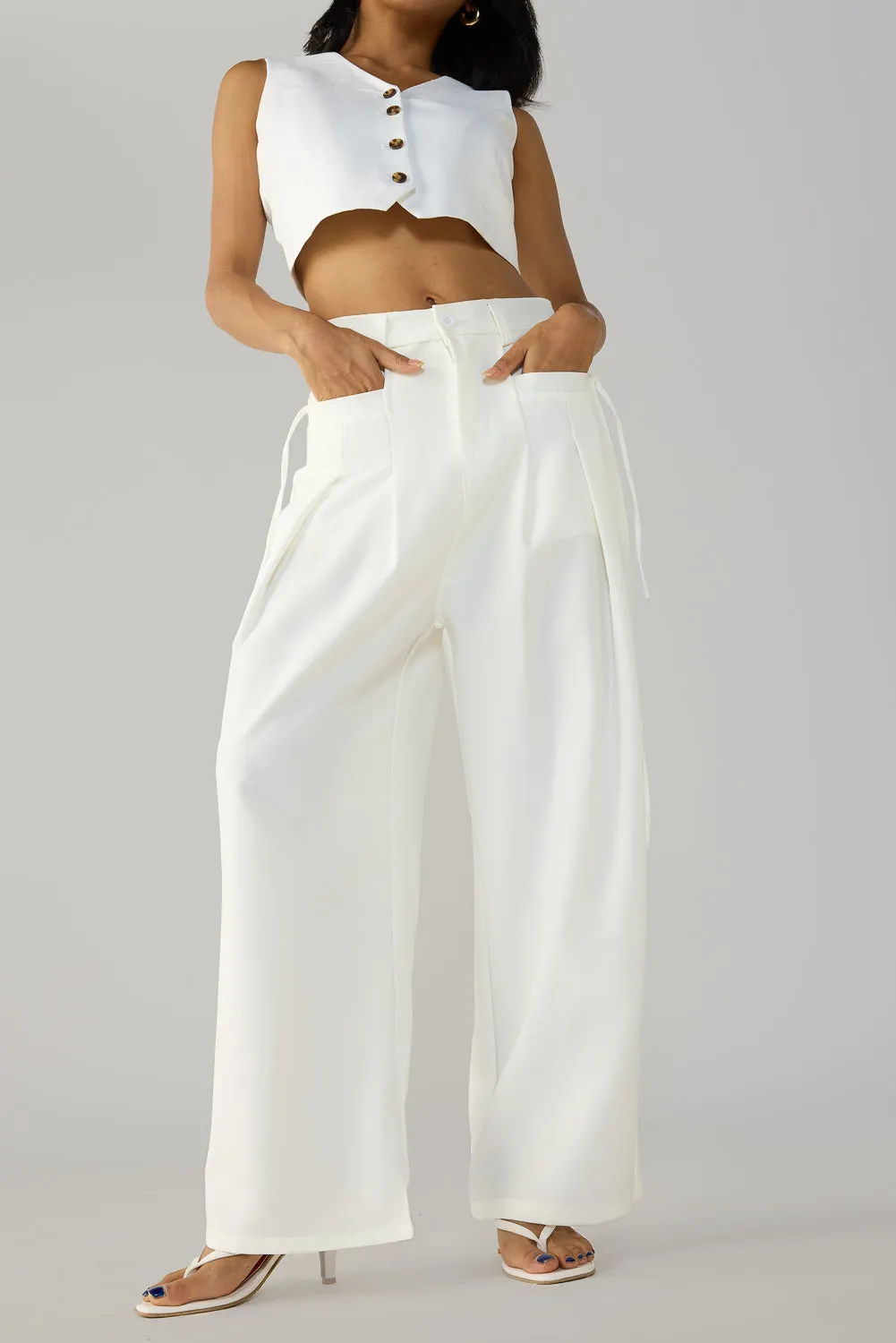 White Wide Fit-Flat Pocket Korean Pants