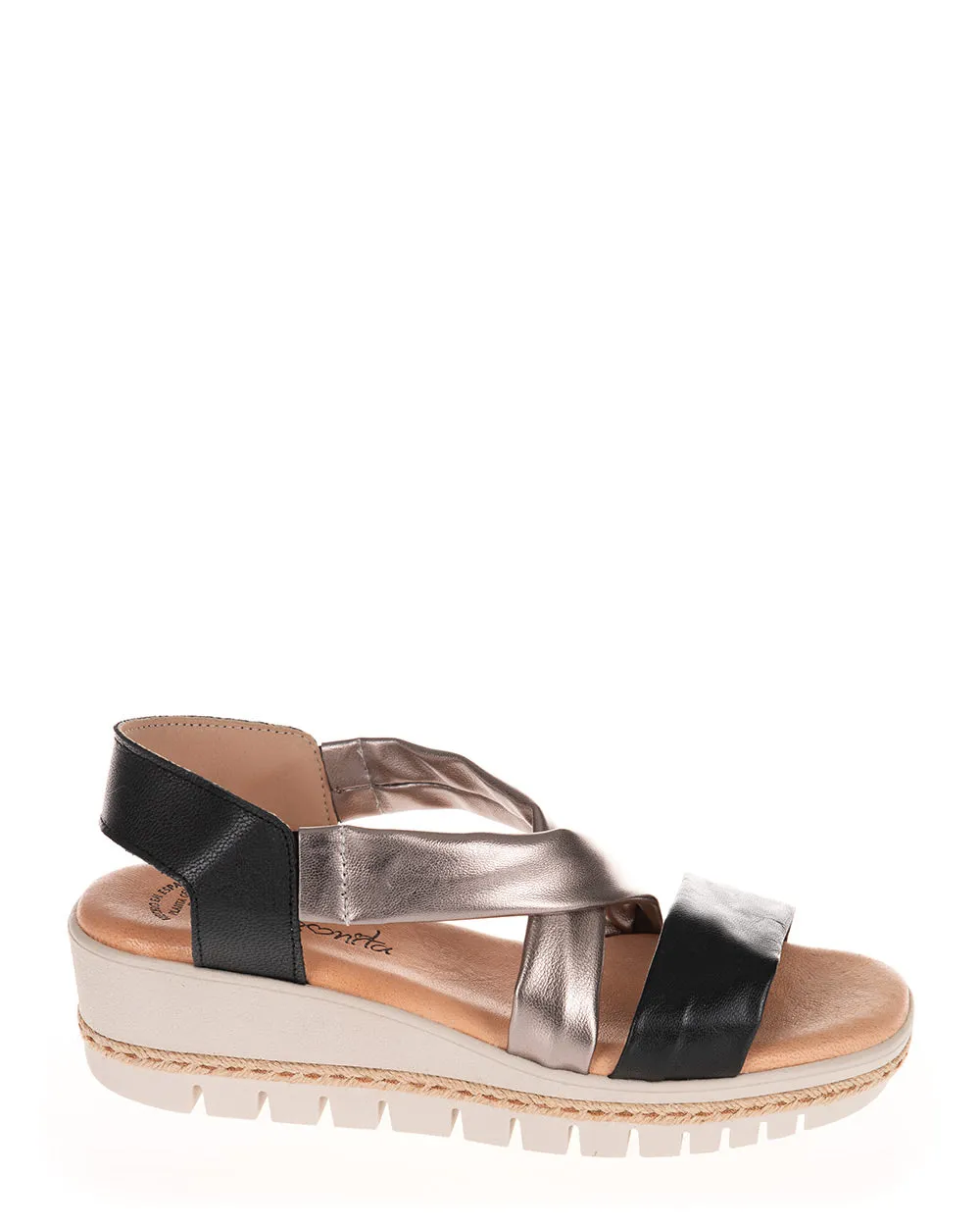 X Bonita J700 Black & Gunmetal Leather Wedge Sandal