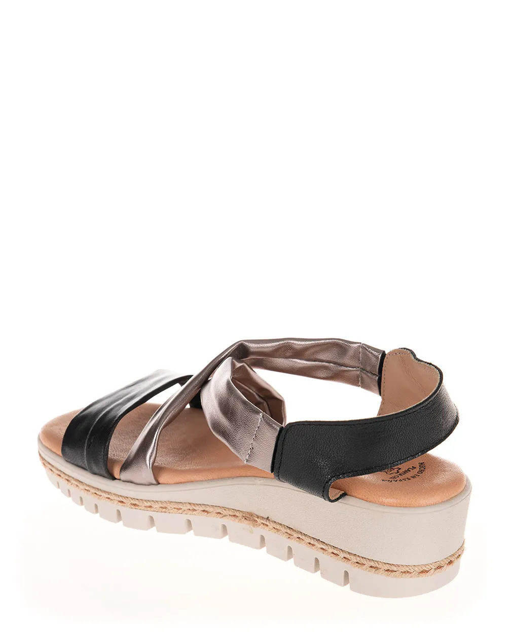 X Bonita J700 Black & Gunmetal Leather Wedge Sandal